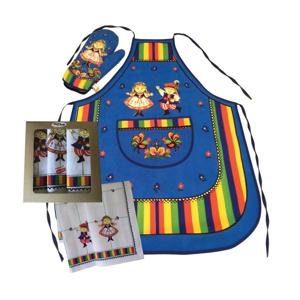 Komplet krakowski niebieski - fartuszek, rękawica i ściereczka